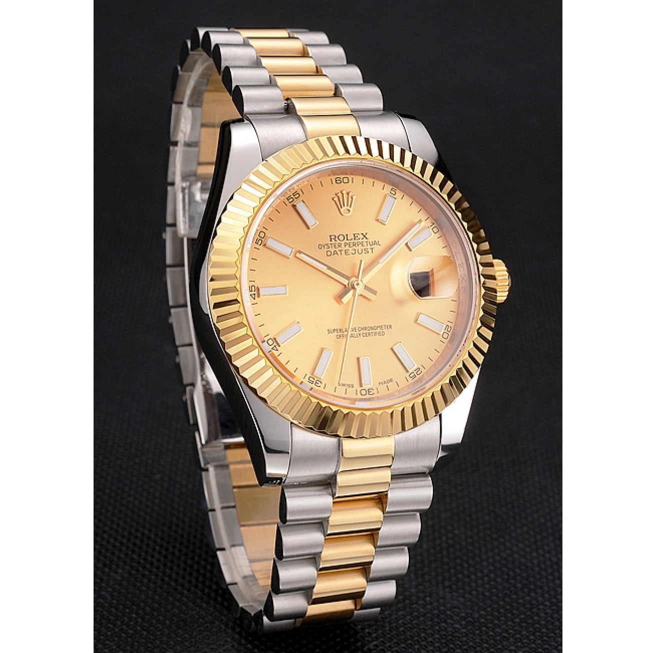 Aaa replica watch Datejust Bezel Rolex Gold Swiss Two Dial Stainless Gold Steel Tone Case Bracelet 0614